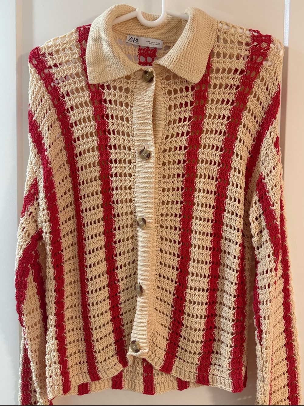 Zara Cream and Red Crochet Button-Front Cardigan Oversized